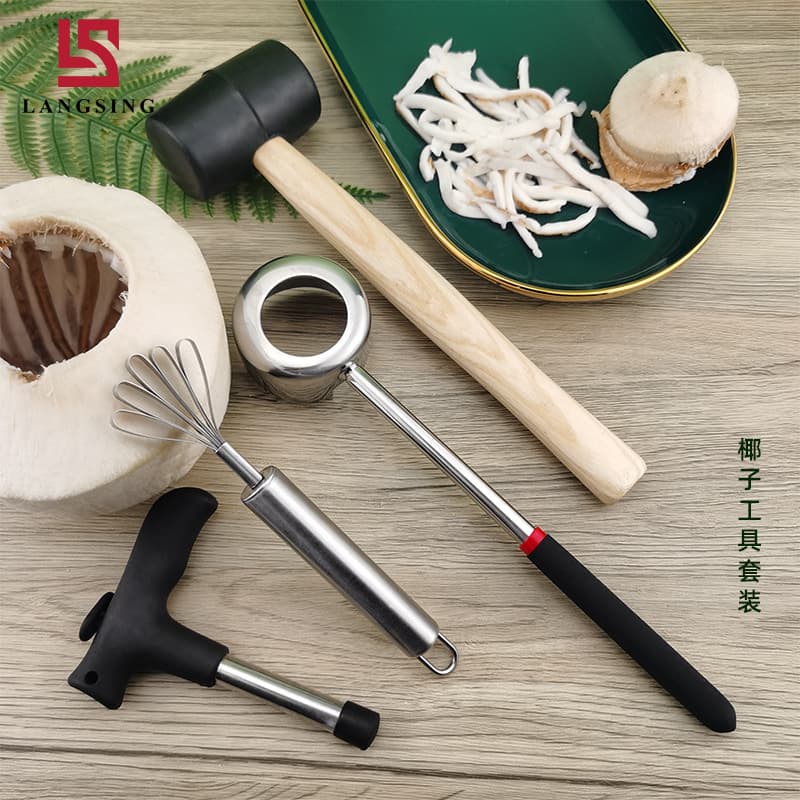 In-stock stainless steel coconut opener set with shell breaker, drill and meat scraper tools