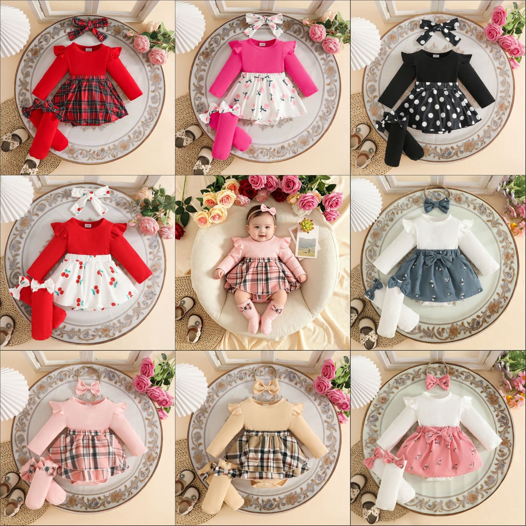 Amazon's new baby 0-1 year old autumn and winter long-sleeved dress + headband + sock set four-piece one-piece dress
