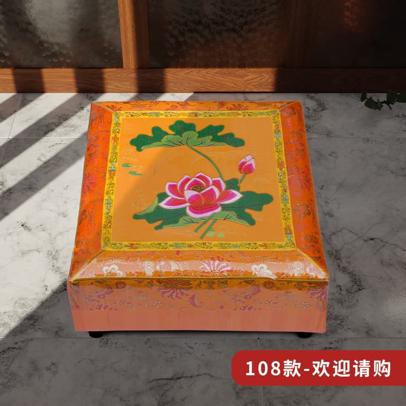 Kneeling Cushion for Worship, Home Buddhist Prostration Pad, Medium Softness, Thickened Wooden Board, Lotus Nine-Grade Lotus Embroidery, Square Meditation Cushion