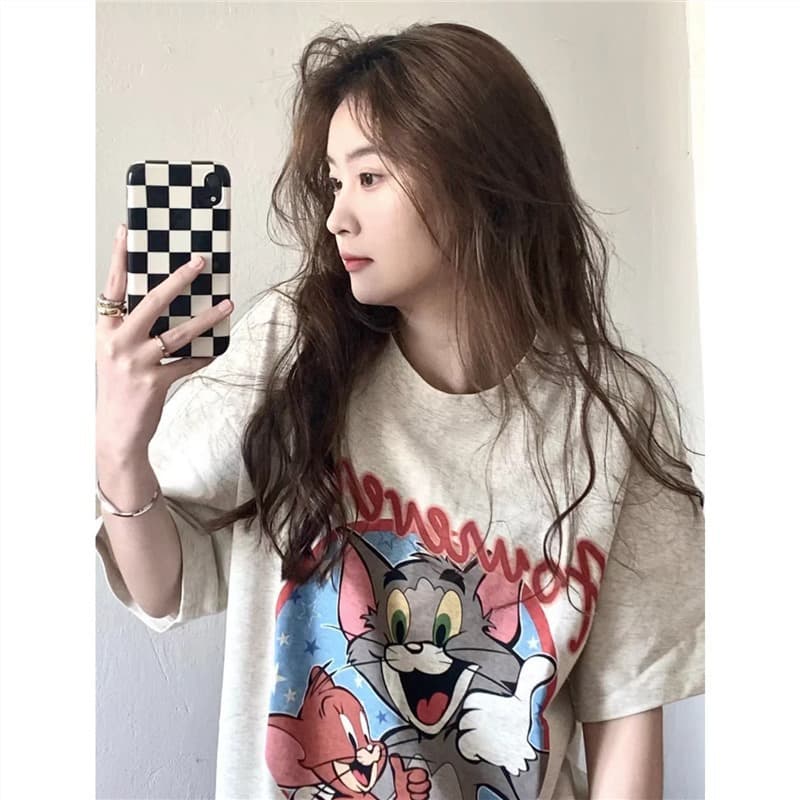 American Retro Pure Cotton Stylish Cartoon Tom and Jerry Round Neck T-Shirt Short Sleeve Loose Top for Women Ins