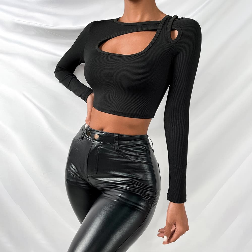 European and American Women's Hot-Selling Spring/Summer New Top Streetwear Solid Color Round Neck Long Sleeve Hollow Crop Top T-Shirt