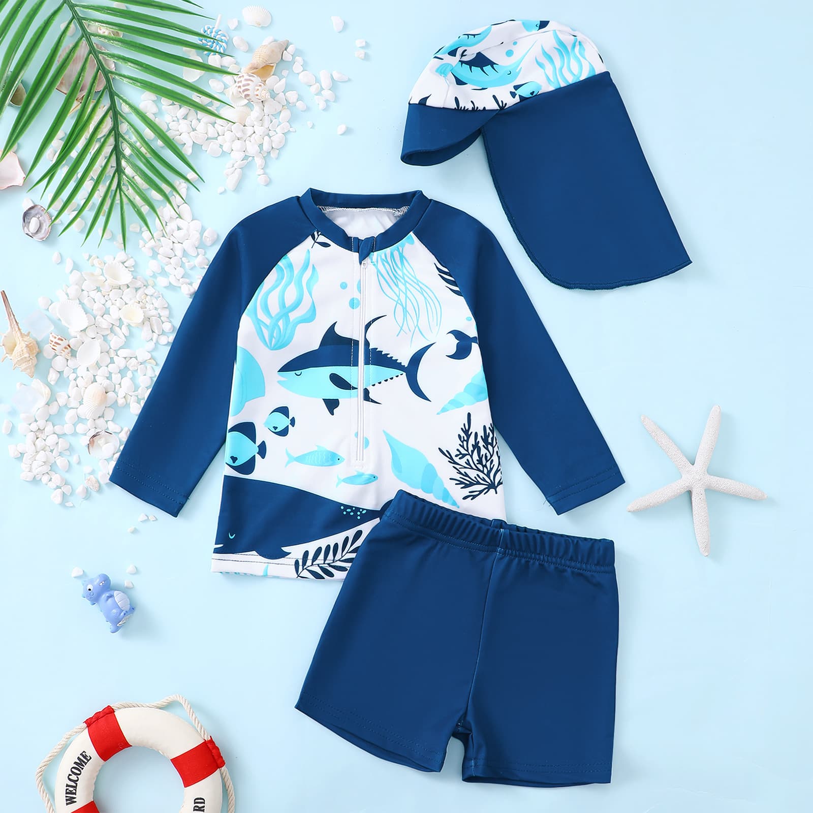 Children's Swimwear Shark Cartoon Three-piece Suit Boys' Swimsuit Sporty Long-sleeve Knitted Polyester And Spandex Suit