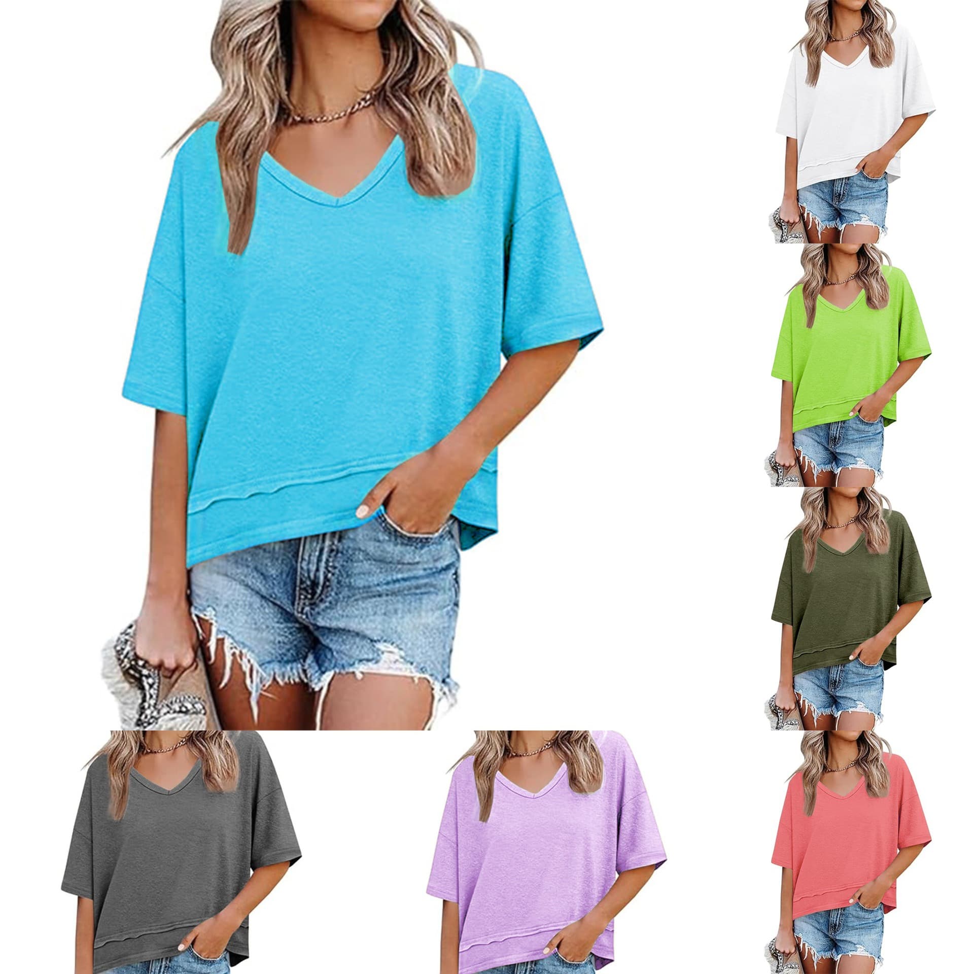 2026 Spring/Summer Hot Sale European and American Amazon Foreign Trade Casual Solid Color Patchwork Half-Sleeve V-Neck Loose Top Women's Clothing