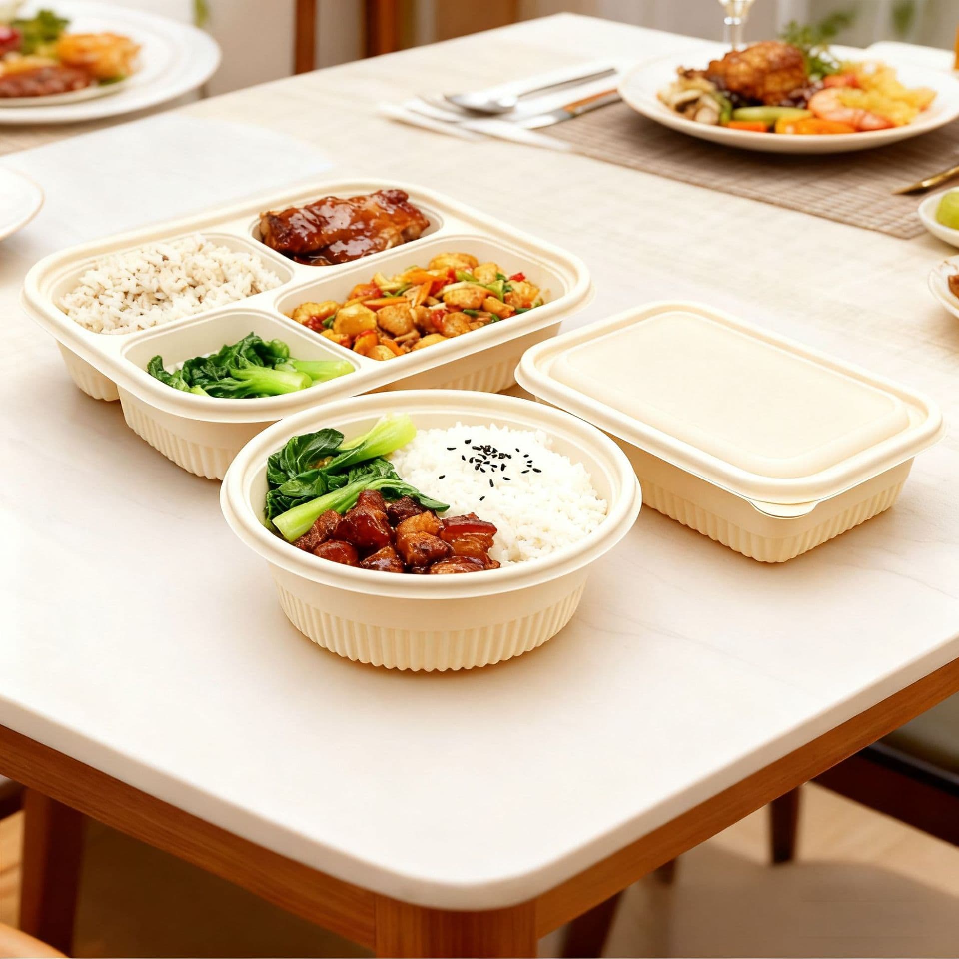 Disposable Corn Starch Takeout Container, Biodegradable Salad Lunch Box, Square and Round Meal Box with Lid