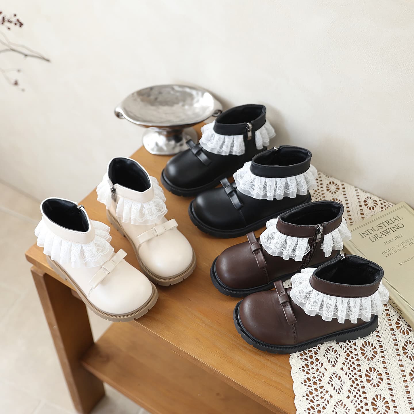 Girls Princess Style Leather Boots Winter New Children's Martin Boots Soft Sole Anti-slip Short Boots Fleece Lined Warm Cotton Boots