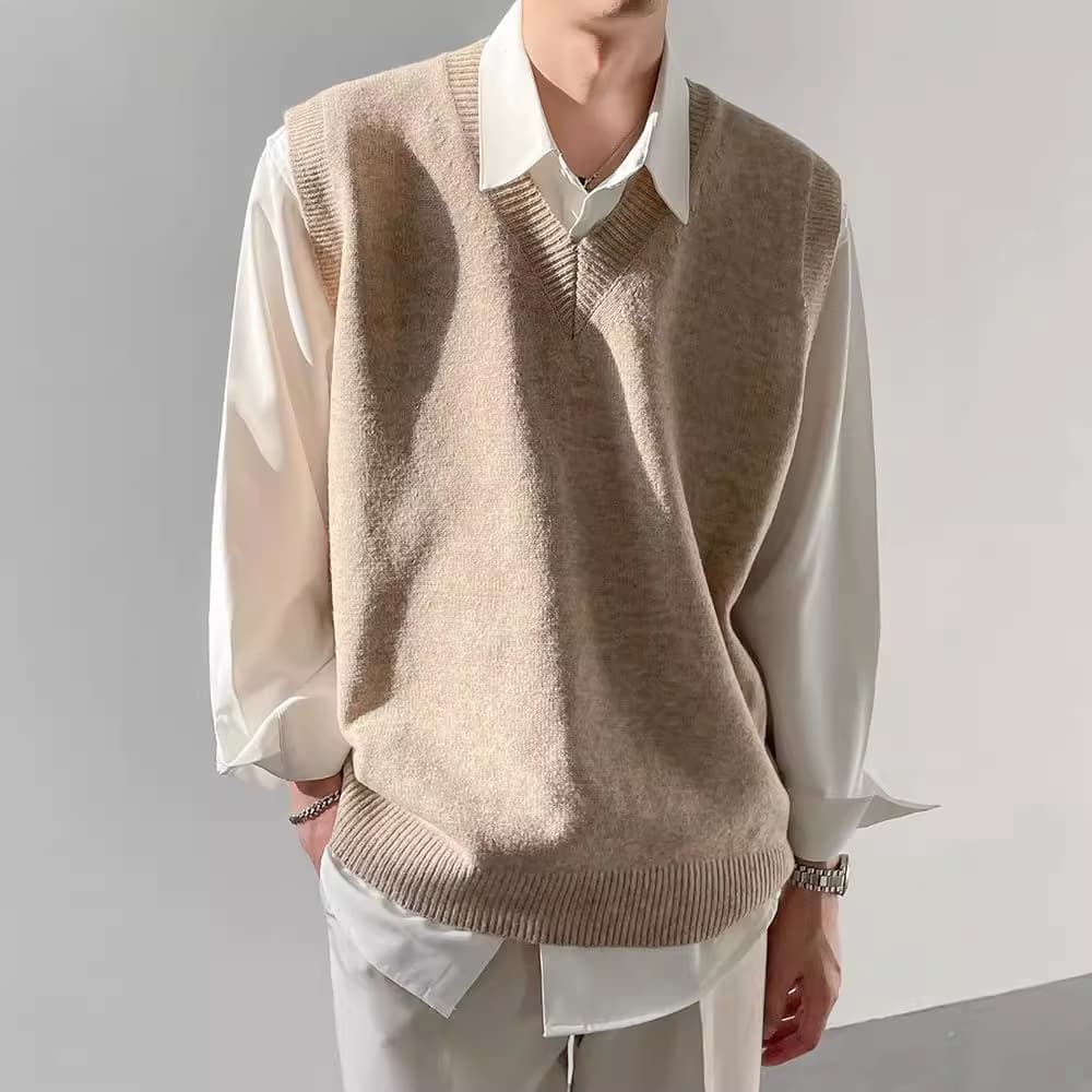 Spring Autumn Winter Korean Style Loose Base Knitted Shirt Sleeveless Vest Men Inner Wear Top Pullover V-Neck Sweater Vest