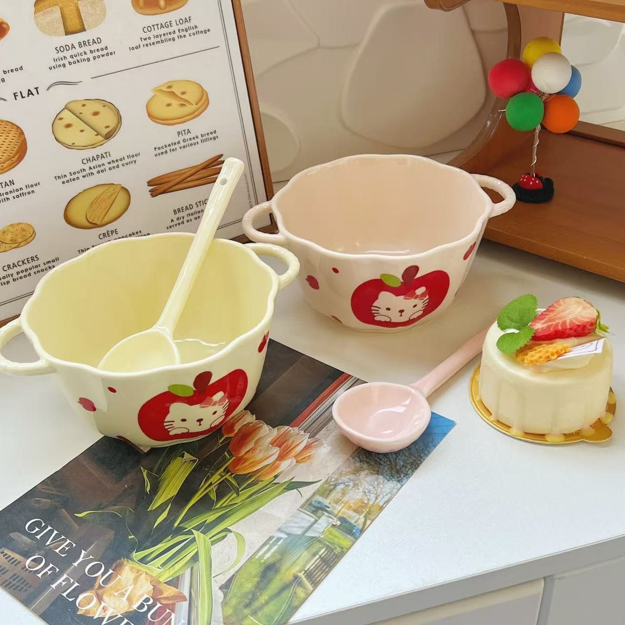 Trendy New Apple Cat Pumpkin Bowl Set - Ins Style, Small & Large Sizes, Dorm & Home Use, Gift-Ready, Double-Handled Dessert Bowls
