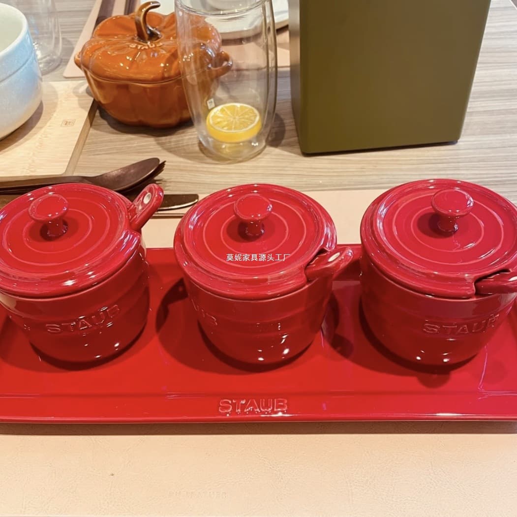 French enamel ceramic sugar bowl, salt bowl, spice jar, condiment bottle, seasoning spoon, cherry red long dish, heart-shaped cup
