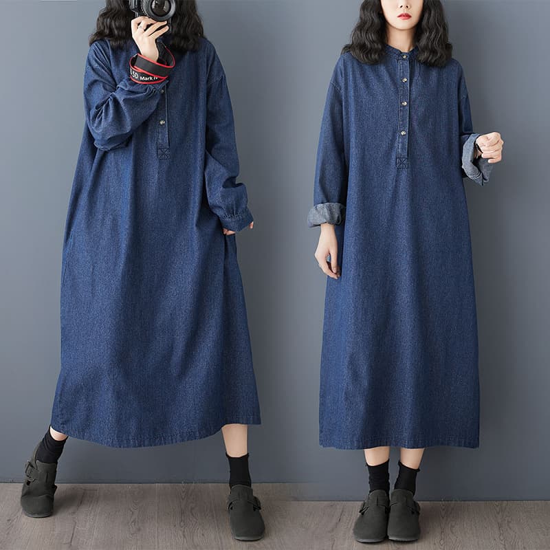 Vintage Polo Collar Stand Collar Mid-Length Denim Dress for Women Spring New Retro Plus Size Up to 200 lbs Spring and Autumn Dress