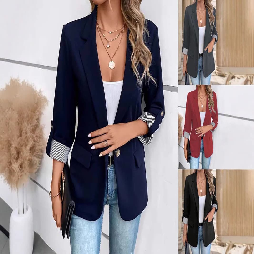 2026 European and American New Fashion Casual Button Blazer with Three-Quarter Rolled Sleeves for Women
