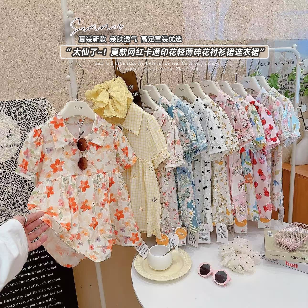 New girls' cotton silk dress, summer style, floral short-sleeved princess dress, sweet and cute lapel short-sleeved dress, trendy