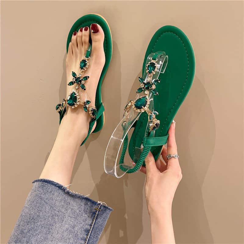 Summer New Fairy Style Sandals Korean Style Flat Sole Rhinestone Beach Sandals Cross-border Large Size Spot Sandals for Women
