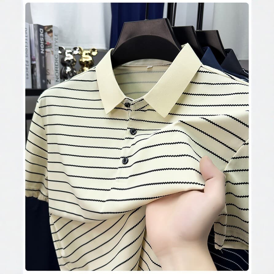 2026 Summer New Men's Striped Polo Shirt Short-Sleeved Lapel Business Casual Versatile Trendy Top