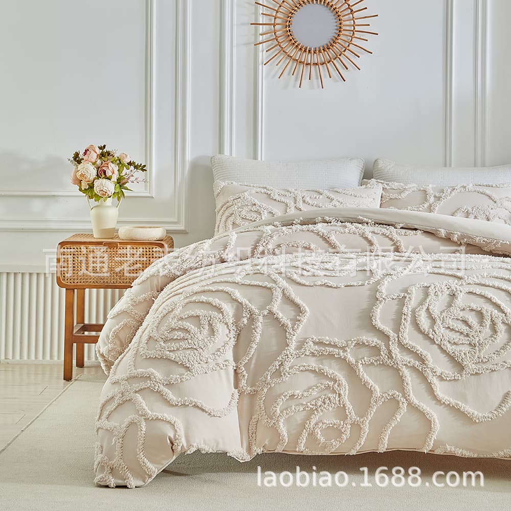 Old Table Cross-border Foreign Trade Supply Amazon Bedding Solid Color Cut Flower Tufted Clover Duvet Cover Pillowcase