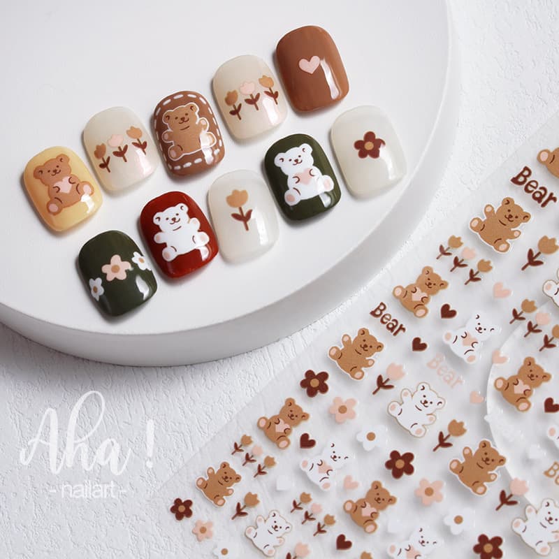 Coffee Bear Nail Art Stickers - Viral Little Red Book Hot Style Colorful Bear Tulip Nail Stickers Decals Accessories