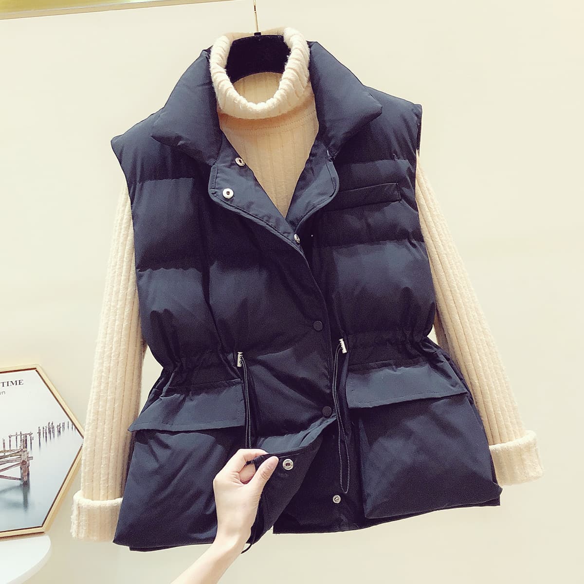 Down Cotton Vest Women's 2025 Spring and Autumn New Korean Style Waist Slimming Solid Color Waistcoat Stand Collar Jacket Short Vest