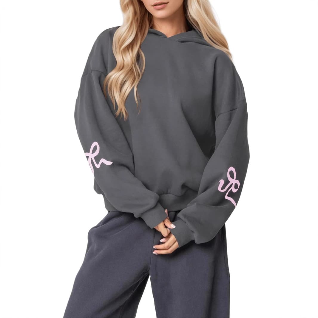 European and American cross-border 2025 new pullover hoodie bow autumn and winter round neck long-sleeved sweater loose plus velvet