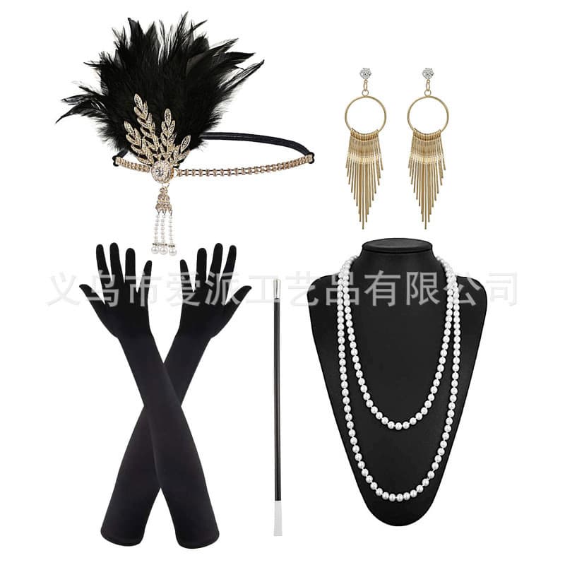1920s Flapper Girl Dress Halloween Costume Set with Gloves, Cigarette Holder, Necklace, Headband, and Hair Hoop