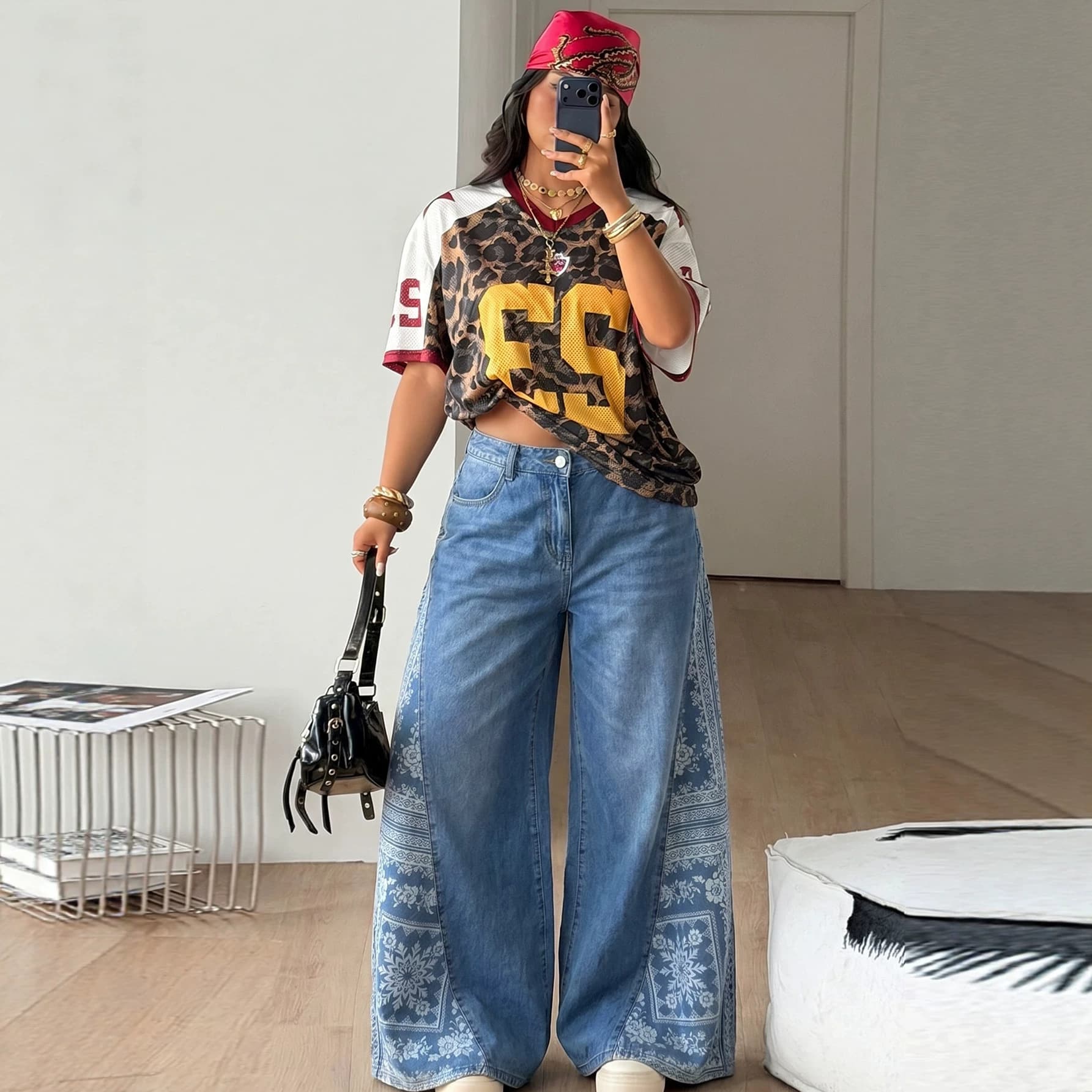 OEM for Cross-Border Vintage Printed Plus Size Flared Jeans Mid-Rise Casual Patchwork Floral Floor-Length Pants
