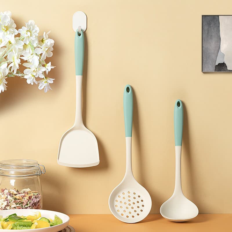 Silicone Kitchen Utensil Set, Spatula and Ladle Integrated All-in-One Cooking Spoon, Skimmer, Dual-Color Non-Stick Cookware for Home Use