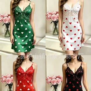 2026 New Print Camisole Home Nightgown Lace Front Slit Hollow Heart Print Home Nightgown