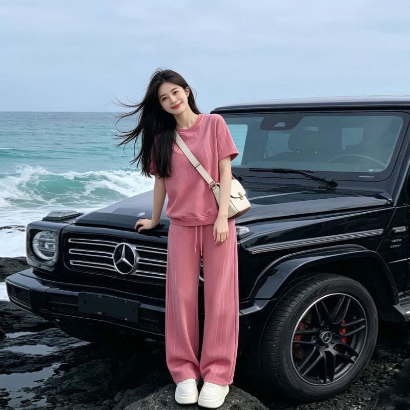 Pink Casual Sportswear Unique Beautiful Stunning Mini Set for Women Summer Thin Fabric Trendy Korean Style Complete OOTD Outfit