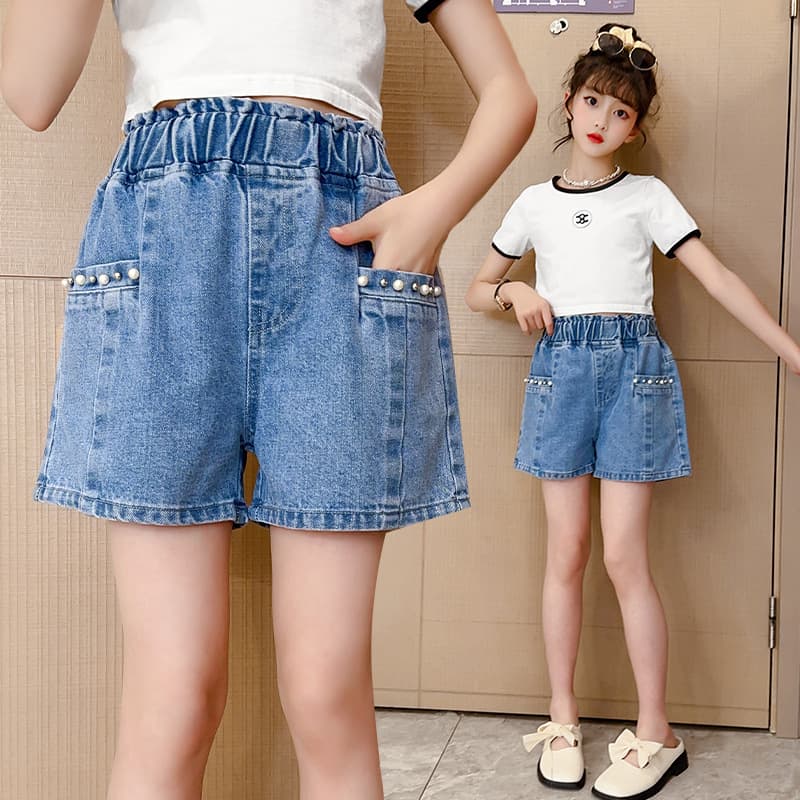 Orange Tiger Girls' Denim Shorts Summer Style Versatile Student Edition Mid-Term Large Children Fashionable Cotton Blend Pants
