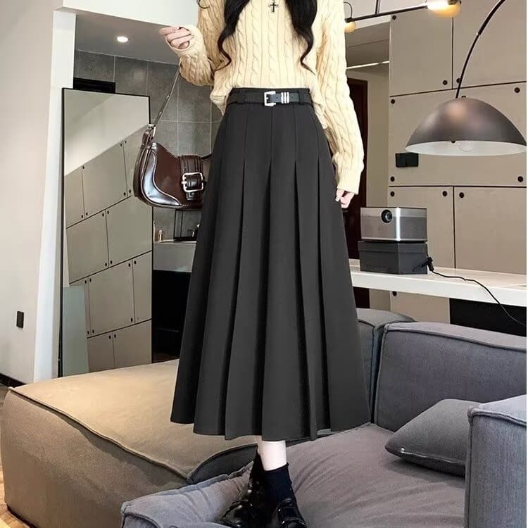 American retro large size fat mm fashionable college style pleated skirt women's woolen high-waisted slimming anti-exposure skirt