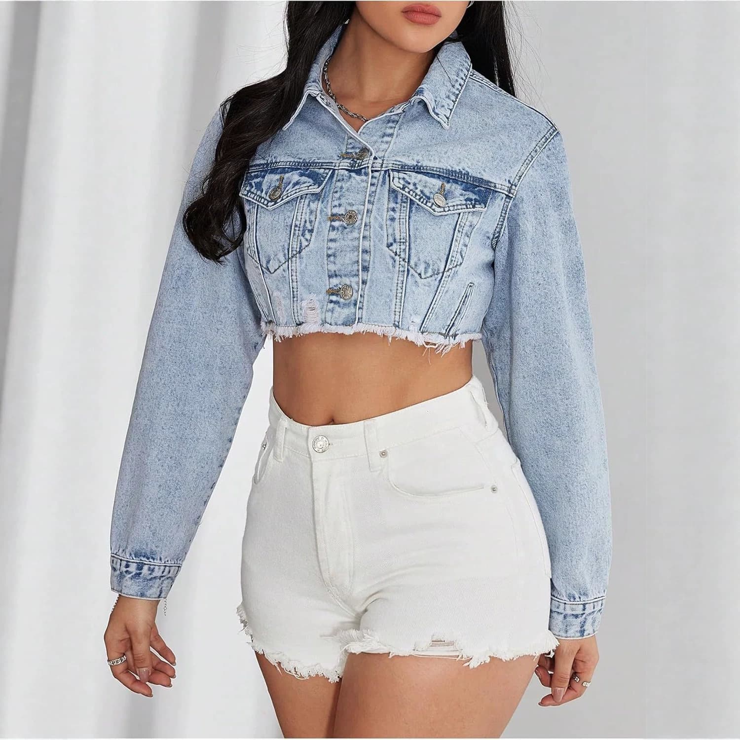 Amazon Women's Summer New American Casual Cropped Jacket Daily Versatile Denim Fitted Short Jacket