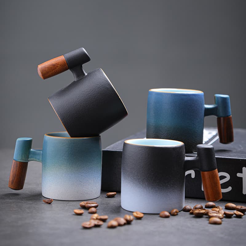 Cross-border Ceramic Gradient Wooden Handle Latte Coffee Cup, Coarse Pottery Japanese-style Master Cup, Kiln-changed Mug, Tea Tasting Cup