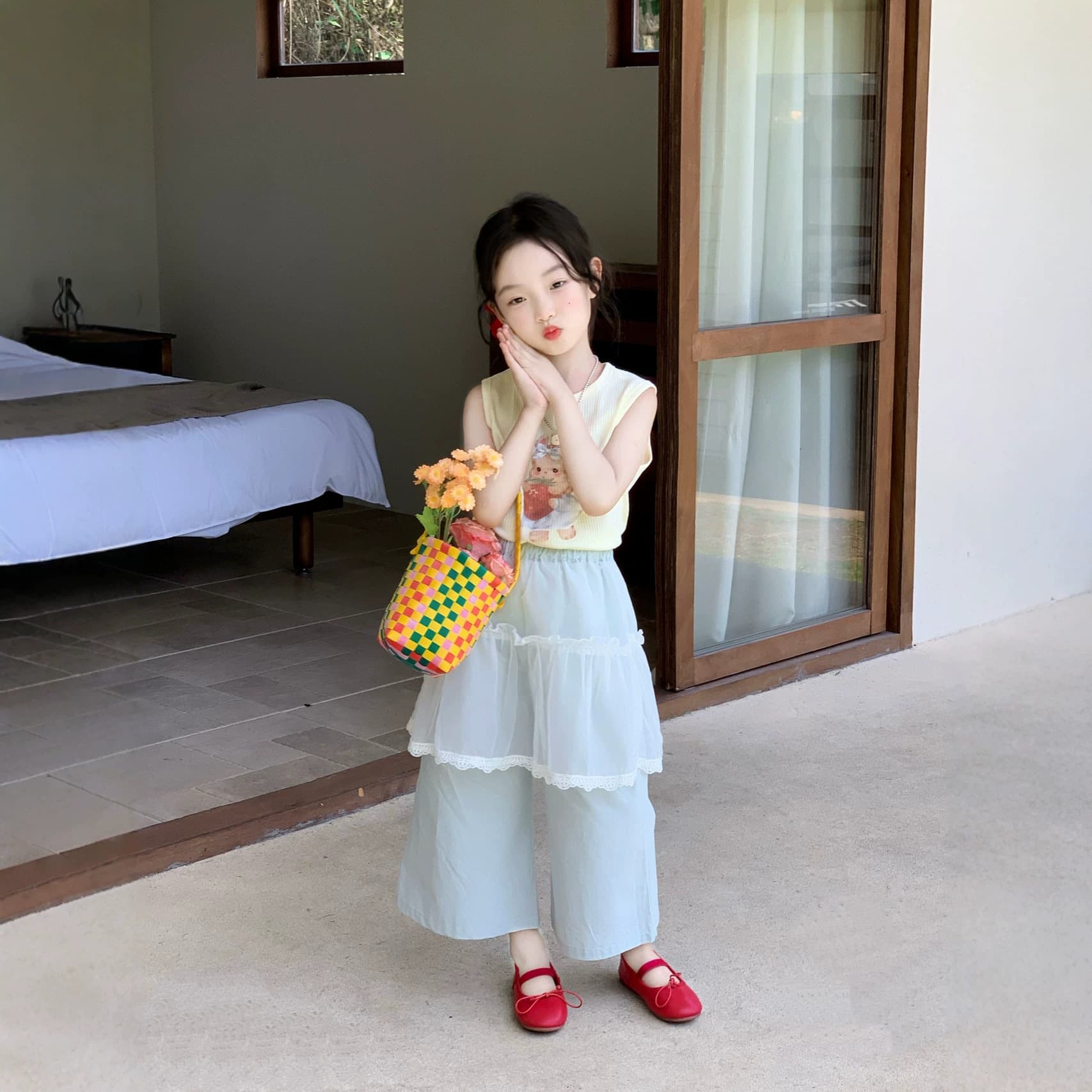 Girls' Korean-Style Top 2026 Summer New Children's Clothing Toddler Ribbed Cartoon Tank Top Tulle Cotton Skirt Pants