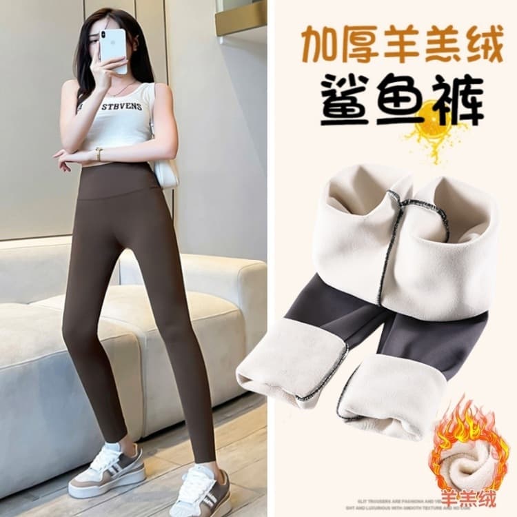 Lamb Fleece Shark Pants for Women, Outerwear Autumn/Winter Fleece-Lined Thickened High-Waist Waist-Shaping Tight Plus-Size Barbie Yoga Leggings
