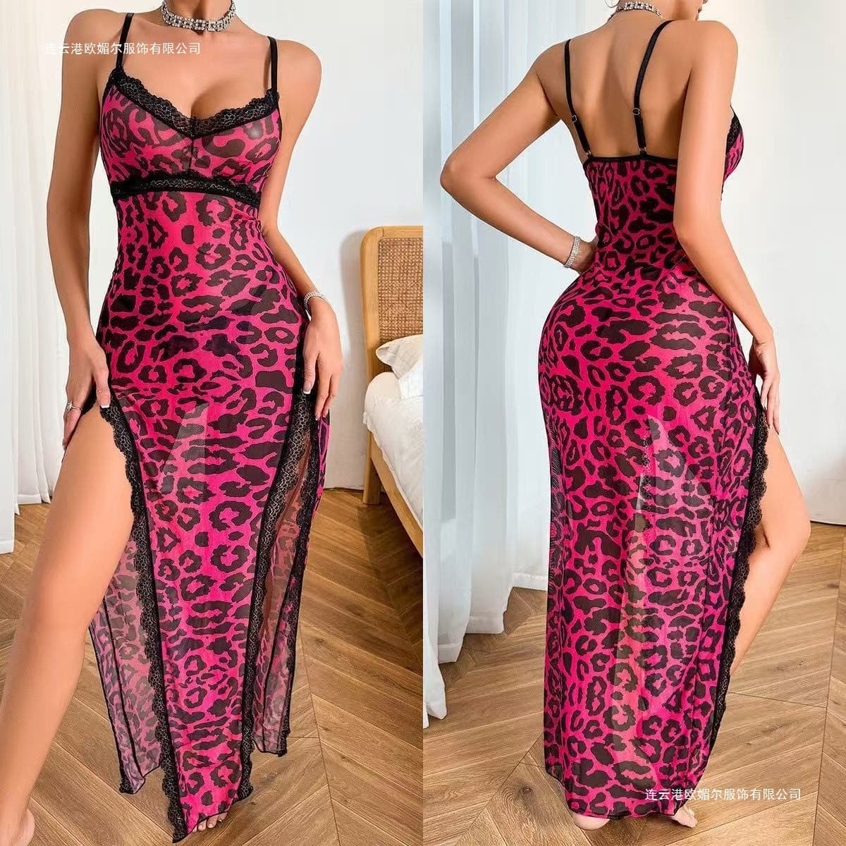 Leopard print new European and American cross-border new floral sexy long skirt pajamas see-through mesh slits temptation pajamas foreign trade