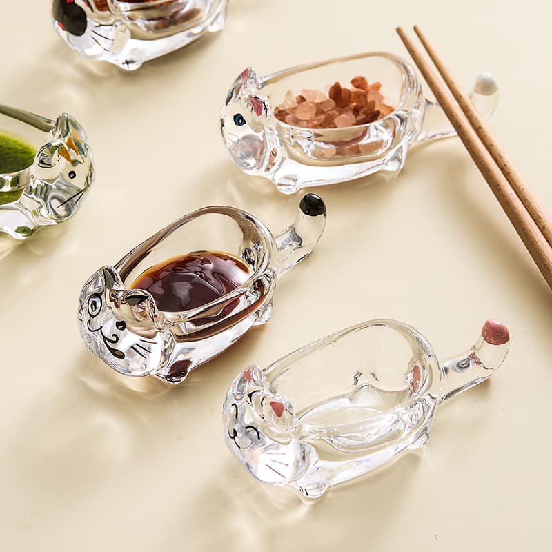 Cat Crystal Glass Seasoning Dipping Dish Creative Ketchup Soy Sauce Vinegar Dish Household Cute Snack Plate Chopstick Rest