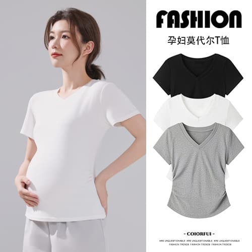 Maternity Short Sleeve Top Summer White New Korean Style Loose Fit V-Neck T-Shirt for Pregnancy and Postpartum