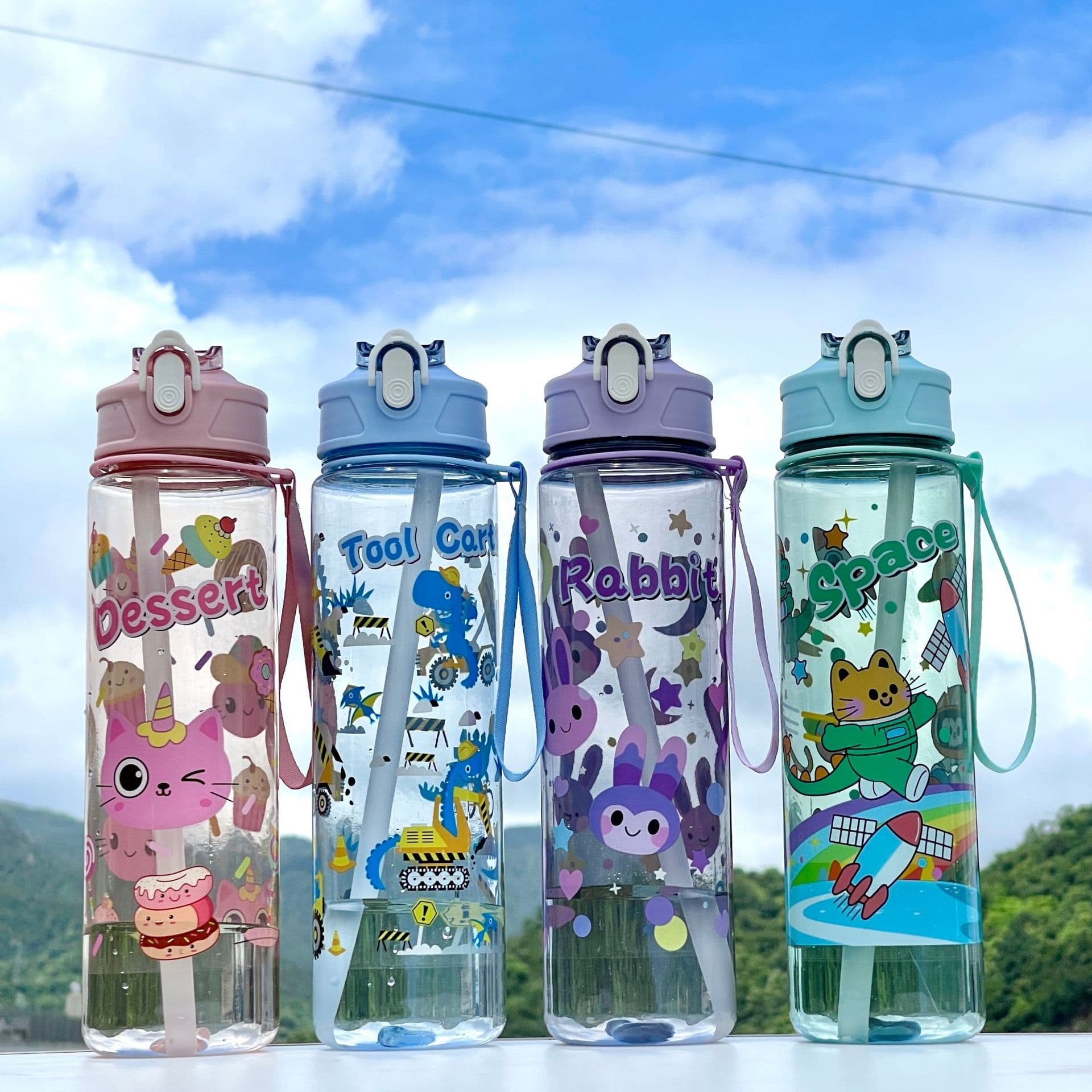 New Cross-Border Cartoon Pattern Plastic Cup High Appearance Outdoor Sports Water Bottle Portable Rope Water Bottle Straw Cup