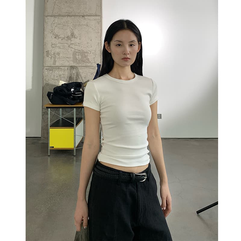 Solid Color Round Neck Short-Sleeve T-Shirt for Women, New Style, Slim Fit, Waist-Cinching, Flattering, Basic Casual Versatile Top