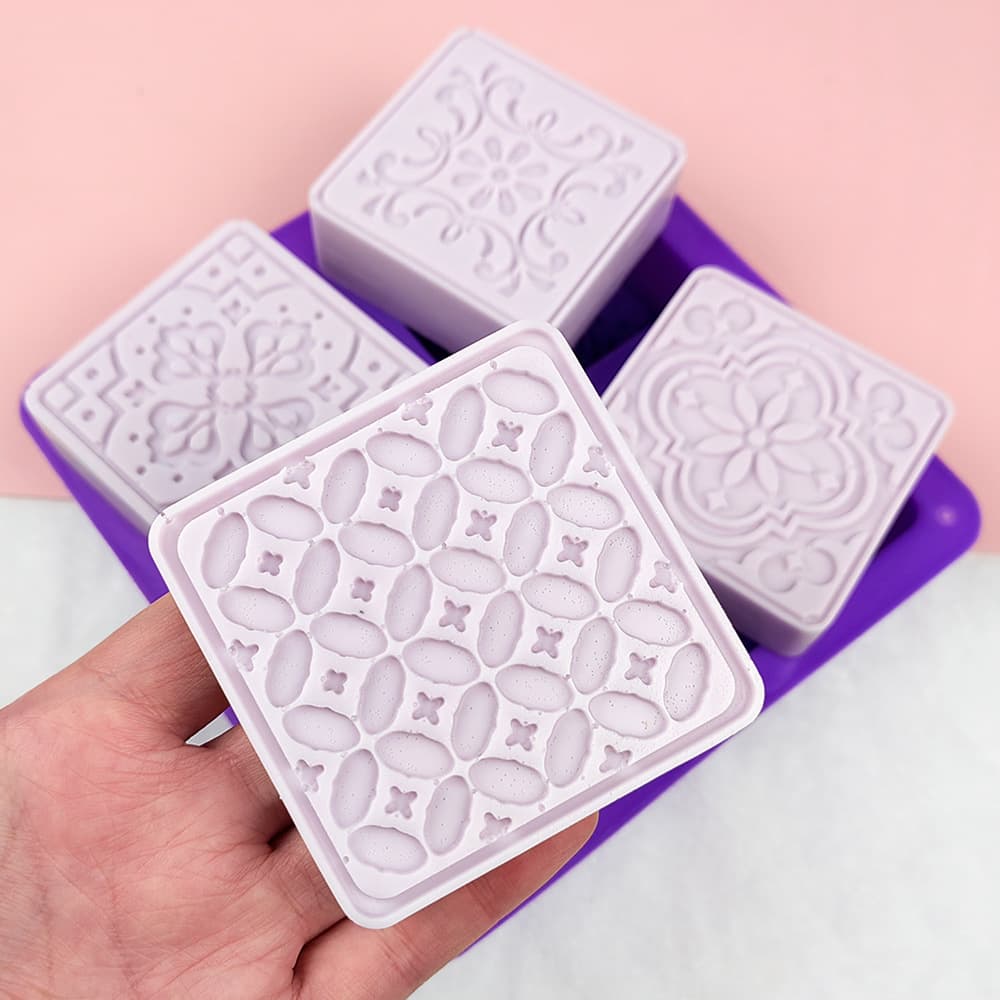 DIY Cold Process Soap Pattern Mold, Chocolate Fondant Cake Mold 4-Hole Carved Square Handmade Soap Silicone Mold