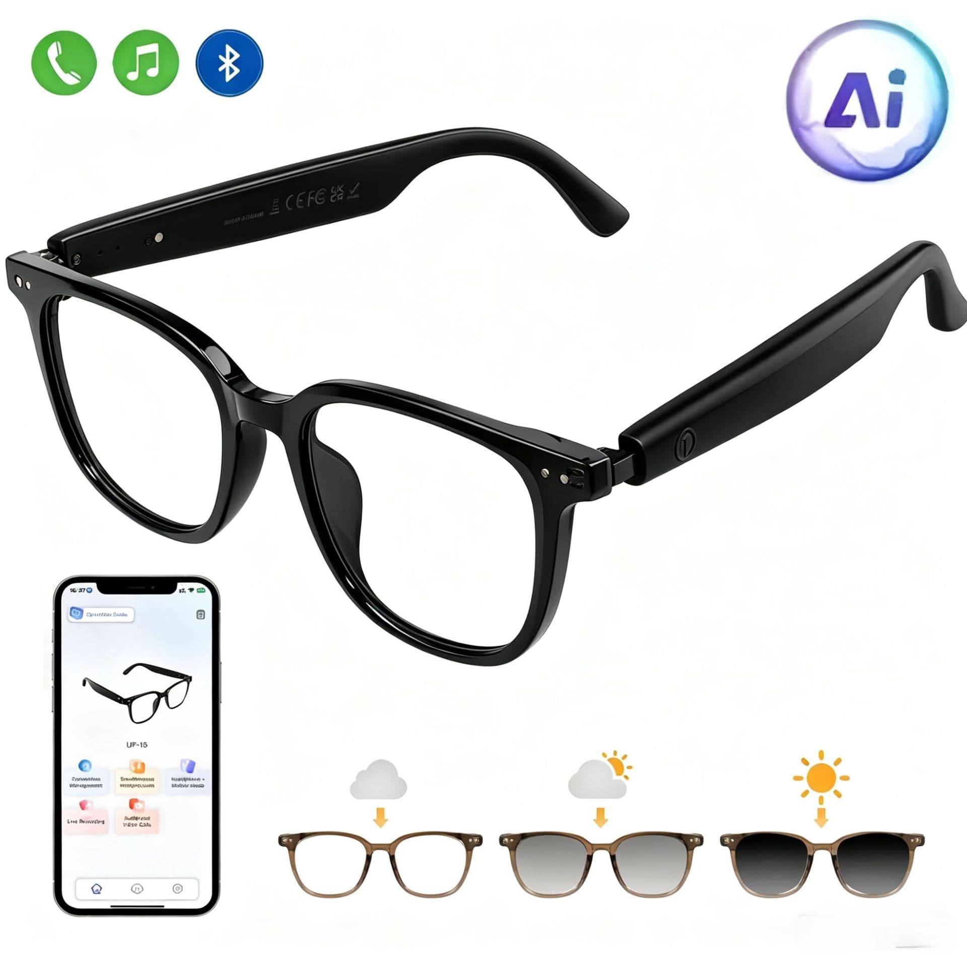 AI Smart Glasses GS07 Black Technology Cross-border Hot Seller Music Playback and Calling Smart Photochromic Lenses Factory Direct Supply
