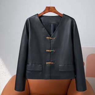 Chinese-style PU Leather Jacket for Women, Short Cropped Long-Sleeve Cardigan, Spring and Fall New Fashionable Versatile Chic Top