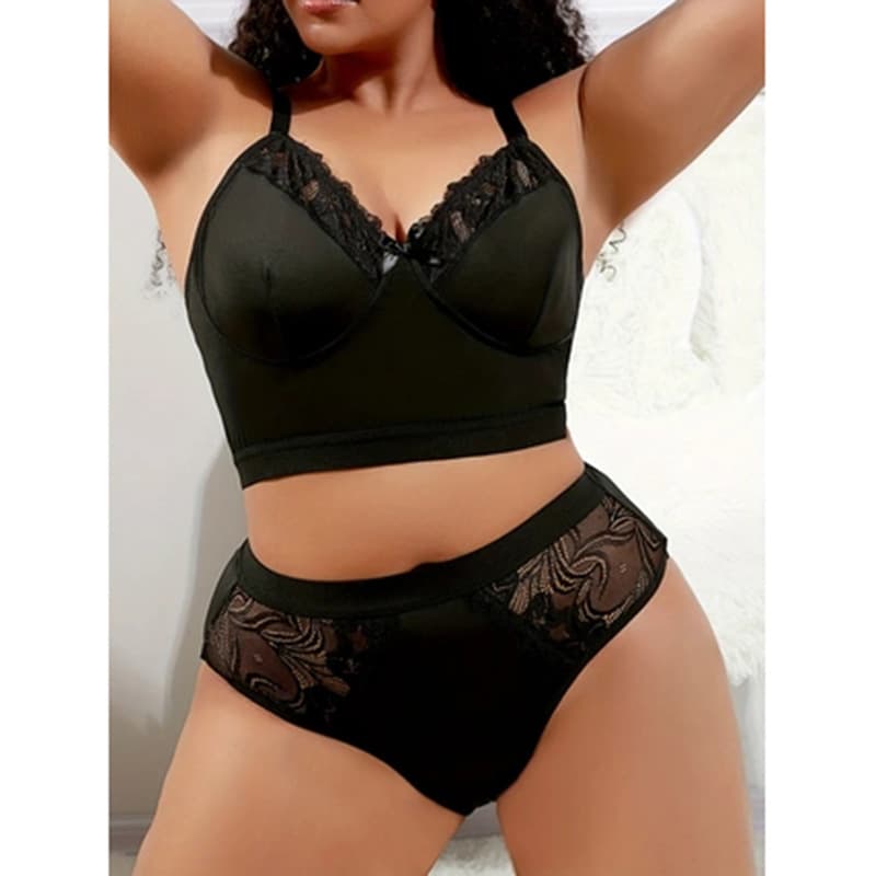 Black Sexy Thin Plus Size Bra Set Women's Underwear Ensemble Gathered Small Chest Illusion Polyester Fiber Milk Silk Material