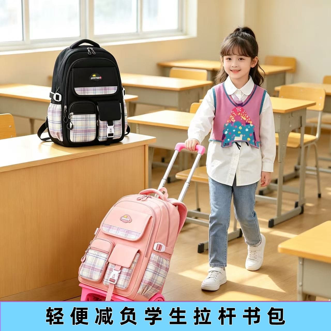 Cross-border new trolley schoolbag Korean version large-capacity casual burden-reducing backpack ins versatile backpack for primary school girls