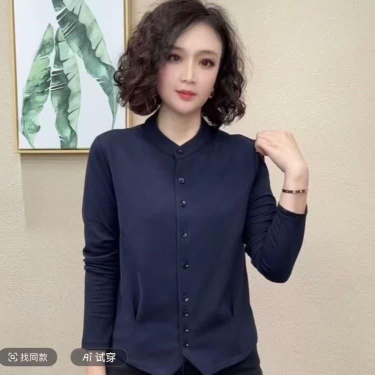 2026 Spring and Autumn New Style Stand Collar Solid Color Bottoming Shirt Women's Fashion Slim Long Sleeve T-Shirt Western Style Versatile Top