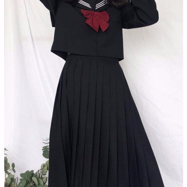 Basic Black Three-Piece JK School Uniform Long Skirt Traditional Japanese Sailor Suit College Style Class Uniform Cosplay