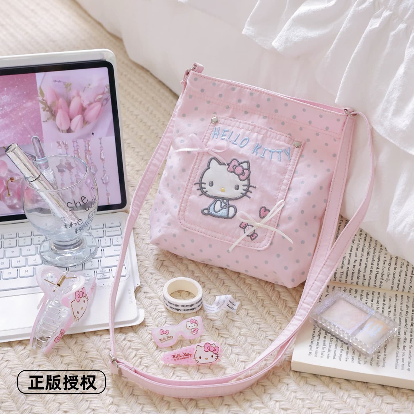 Sanrio Genuine Hello Kitty Korean Style Pink Polka Dot Cartoon Crossbody Bag for Women Students Cute Girly Phone Bag