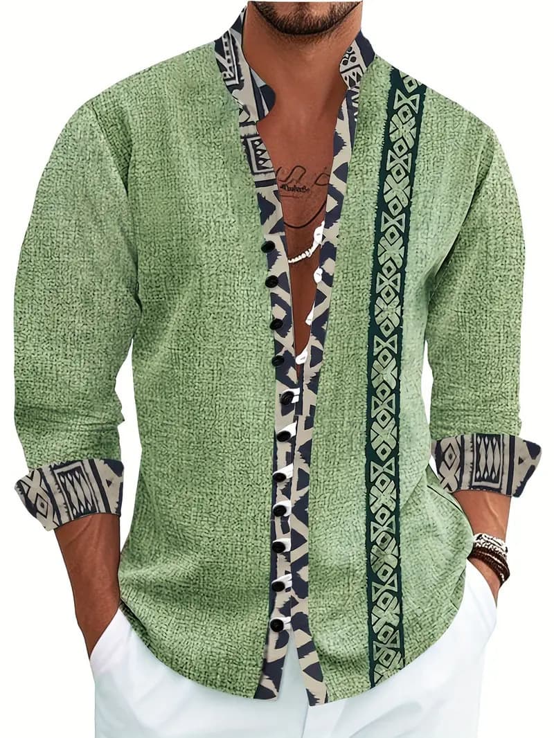 Men's Long Sleeve Shirt Cross-Border Summer 3D Printed Floral Vintage Lapel Long Sleeve Button-Up Top