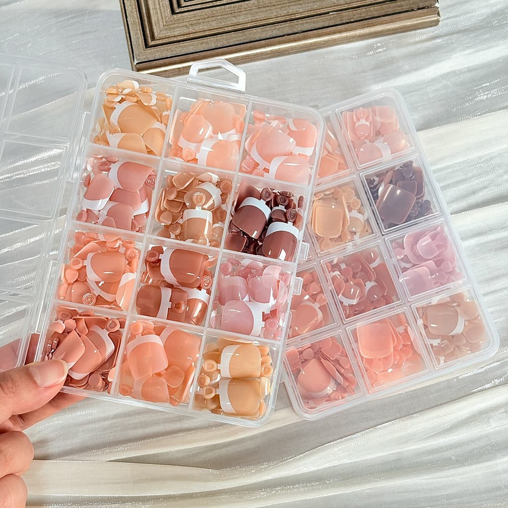 Cross-border 288pcs French White Edge Short Square Press-On Toenails, 12-Color Box Set, Vintage Simple Nail Art Toenails