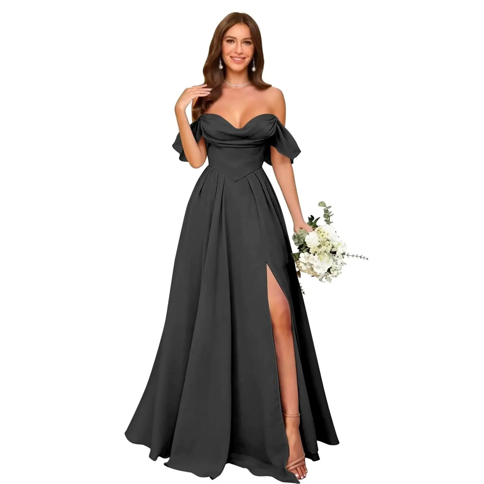 Black One-Shoulder Satin Evening Gown Women's Elegant High-End Banquet Annual Meeting Host Long Split Dress