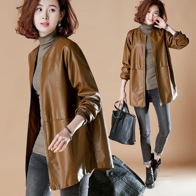 Non-Cracking Mid-Length PU Leather Jacket for Women 2025 Spring/Fall New Korean Loose Baseball Style PU Leather Coat