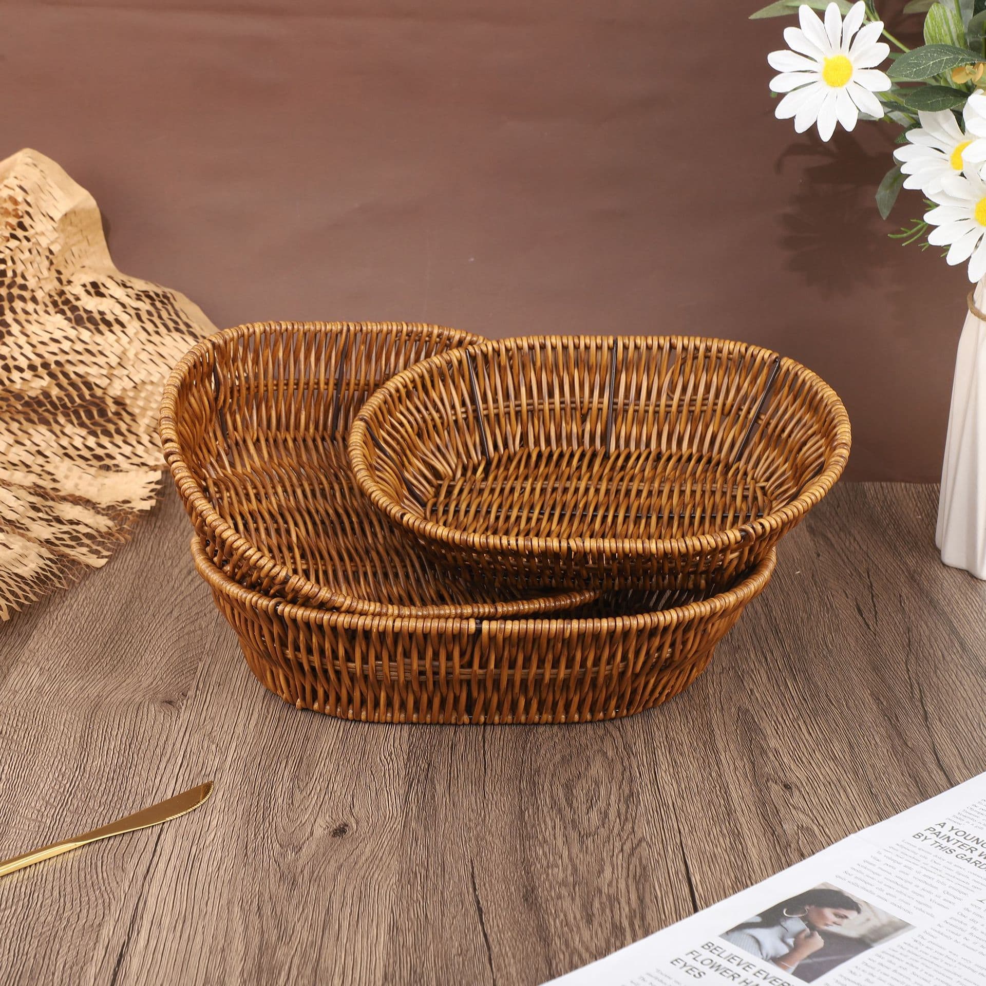 Wholesale Vintage Rattan Woven Storage Basket for Fruits and Vegetables, Rattan Fruit Tray and Basket